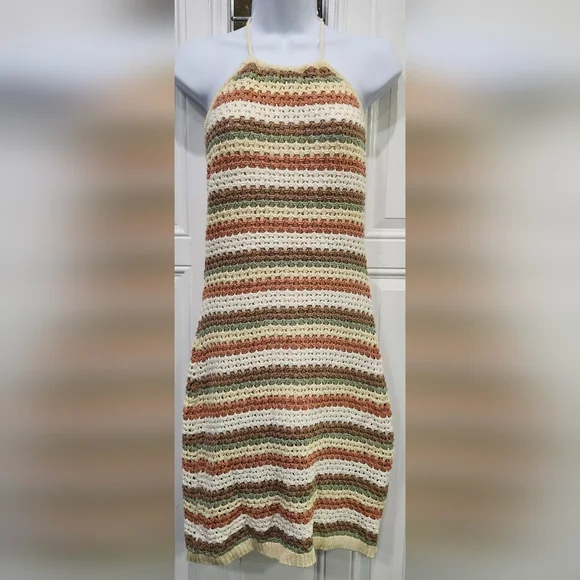 Promesa Crochet Multi Color Striped Halter Mini Dress Women's Large - Picture 2 of 7